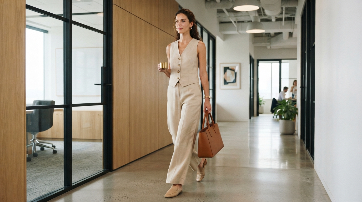 Monochromatic Beige Knit Vest Top & Wide-Leg Tailored Pants